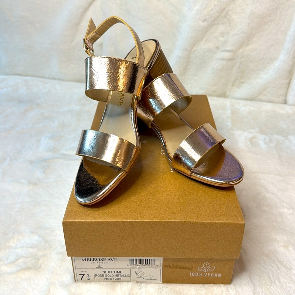 Melrose Ave. Los Angeles 100% Vegan, Rose Gold Metallic, 2” Heel, Strap Sandals - Picture 8 of 12
